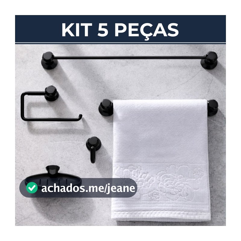 Kit Banheiro Acessórios 5 Peças Completo Toalheiro Saboneteira Decoração Preto Branco Cromado Decor
