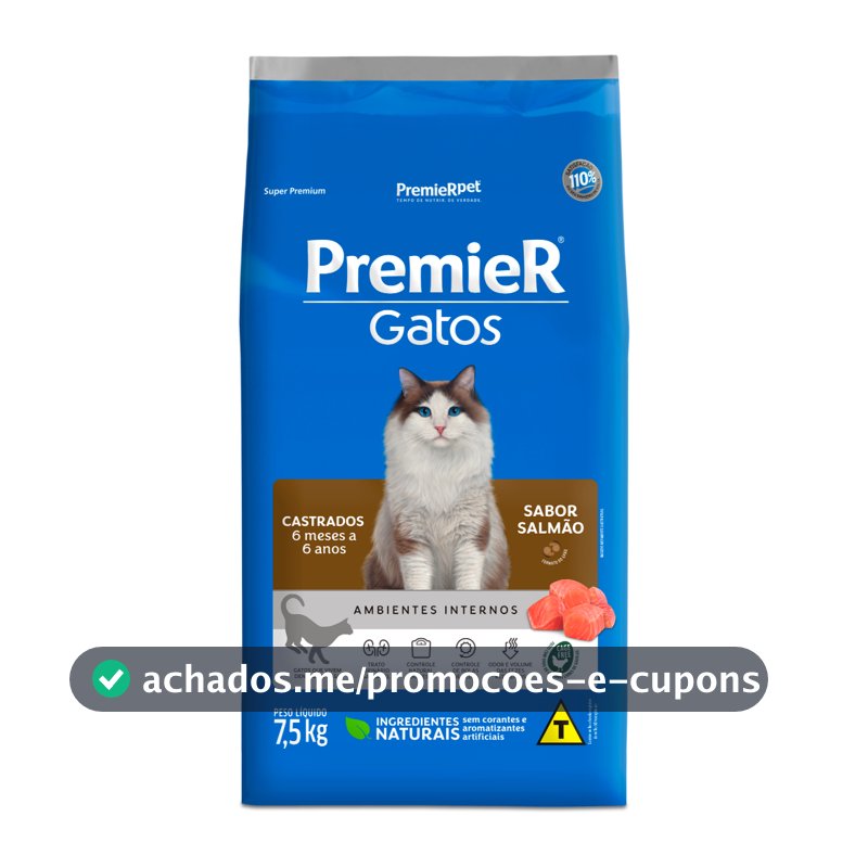 Ração Premier Gatos Castrados de 6 Meses á 6 Anos Salmão 7,5kg