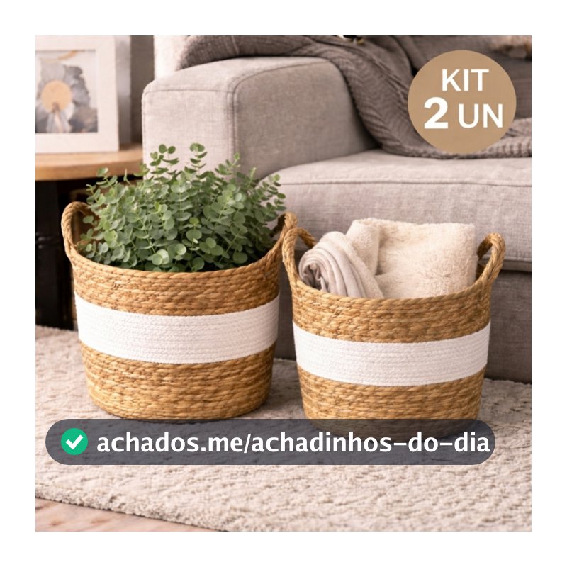 Cesto de Fibra Natural com Alça 30x20cm Organizador Decorativo Boho Detalhe Branco