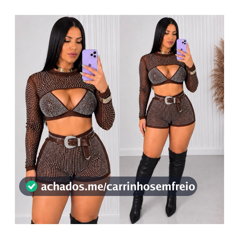 Look Completo Feminino Shorts com Strass (Cropped, e Shorts)