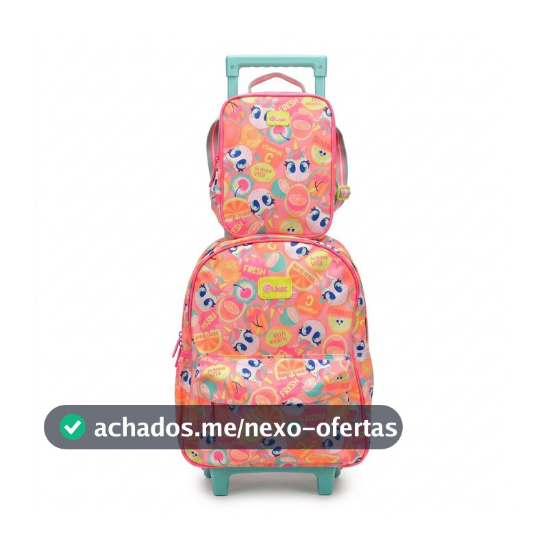 Kit Mochila e Lancheira Puket Menina Unicórnio Frutas Rosa