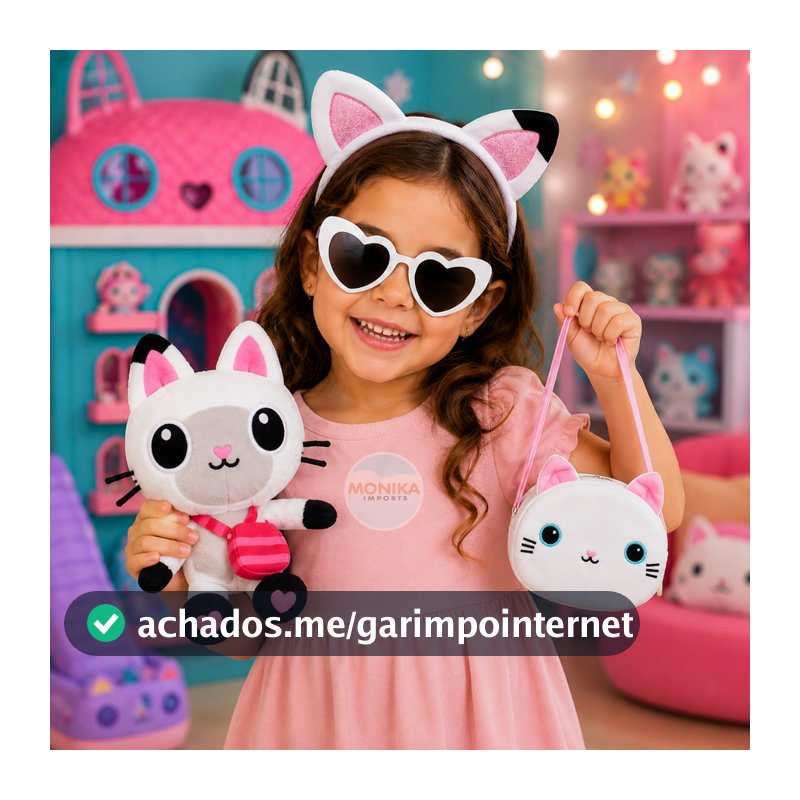 Kit Pelúcia Gato Pandy Gabby's Dollhouse Tiara + Óculos + Bolsinha Infantil Brinquedo Menina Presente Festa Aniversário