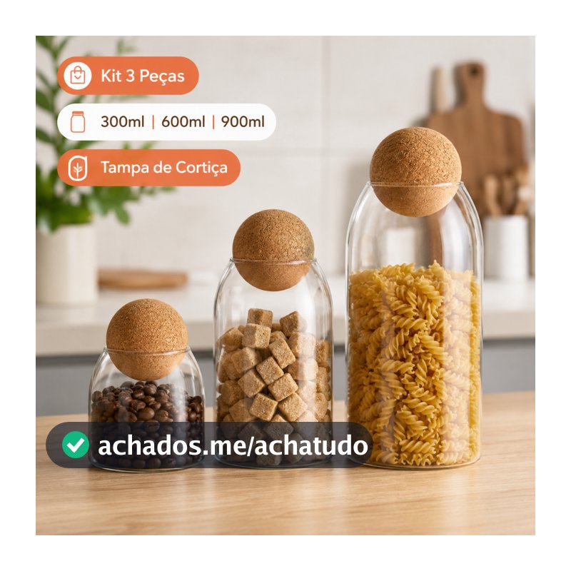 Kit 3 Potes Organizadores de Vidro com Tampa para Mantimentos Cozinha e Decoração