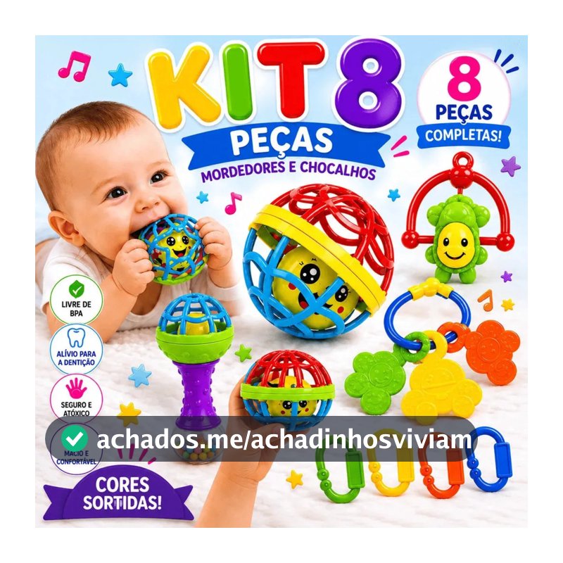 Kit Chocalho e Mordedor Bebê 8 Peças Colorido Silicone Macio Presente Menino e Menina