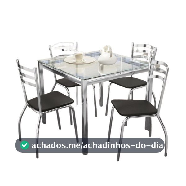 Kit Conjunto Mesa Quadrada 4 Cadeiras 90 x 90 cm Sala de Jantar Cozinha Vidro Metal Cromado Preto