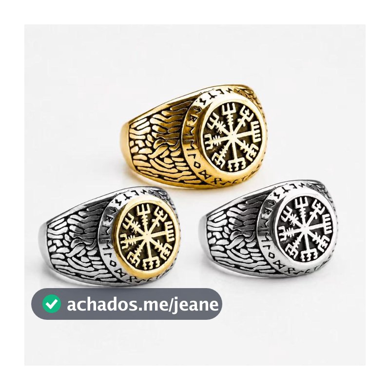 Anel Masculino Viking Vegvisir com Runas Nórdicas em Aço, Dourado e Bicolor