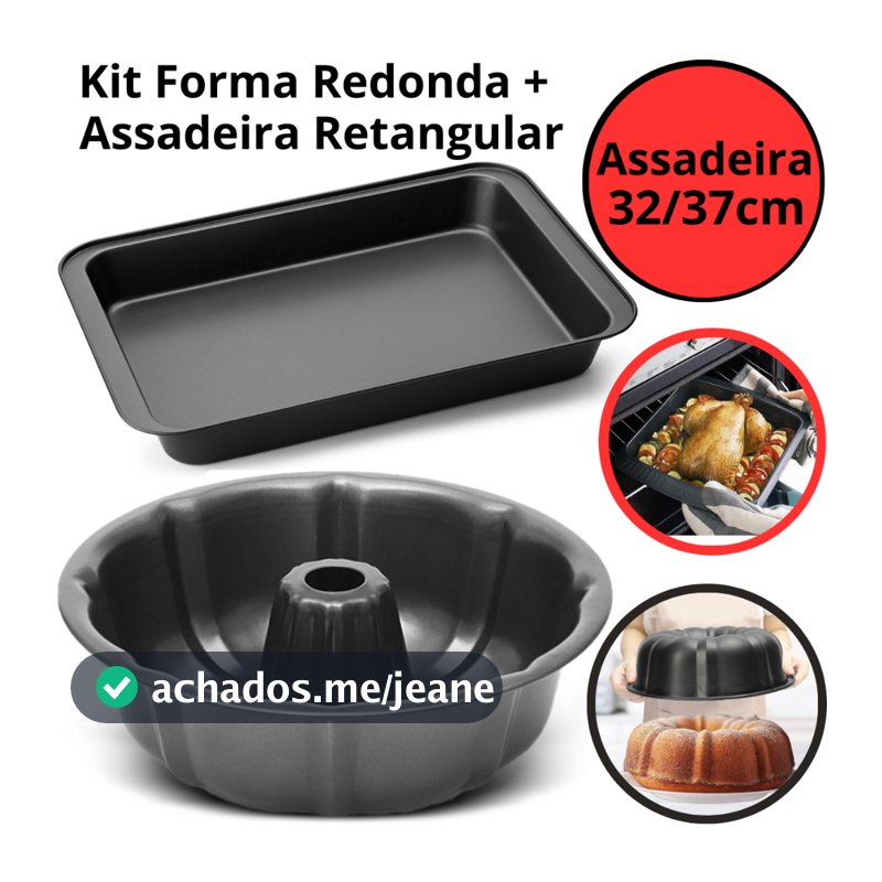 Kit Forma Assadeira Antiaderente 32/37cm + Forma Bolo com Furo Central 24cm De Aço Carbono Teflon
