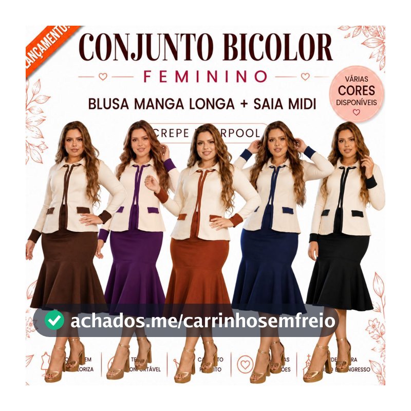 CONJUNTO FEMININO BICOLOR ELEGANTE SAIA MIDI BLUSA MANGA LONGA CREPE LIVERPOOL MODA EVANGÉLICA