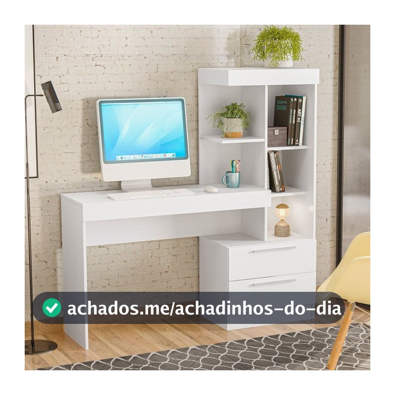 Escrivaninha Mesa Escritório com Estante Office Nt 2010 2 Gavetas 131,5cm Branco New e Rosa Branco New/Rosa