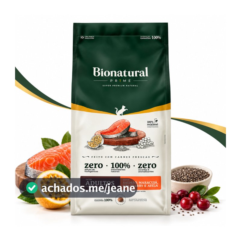 Ração Bionatural Prime Gatos Adultos Salmão 20kg Super Premium Controle do Ganho de Peso Trato Urinário Envio Imediato