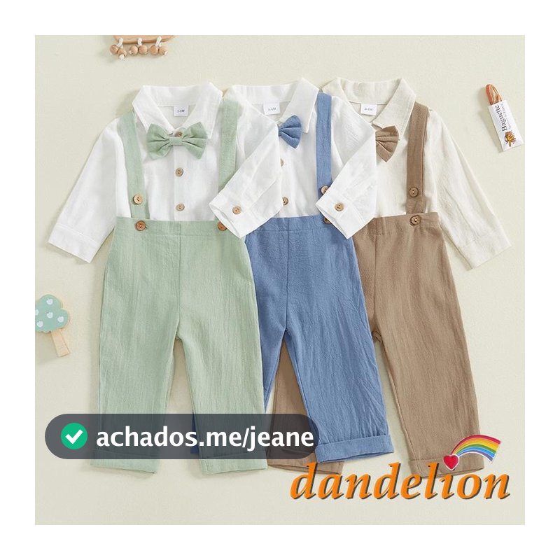 Conjunto De 2 Peças De Roupas Infantis Para Meninos , Manga Comprida , Lapela , Botão , Macacão , Cor Sólida , Calças Su