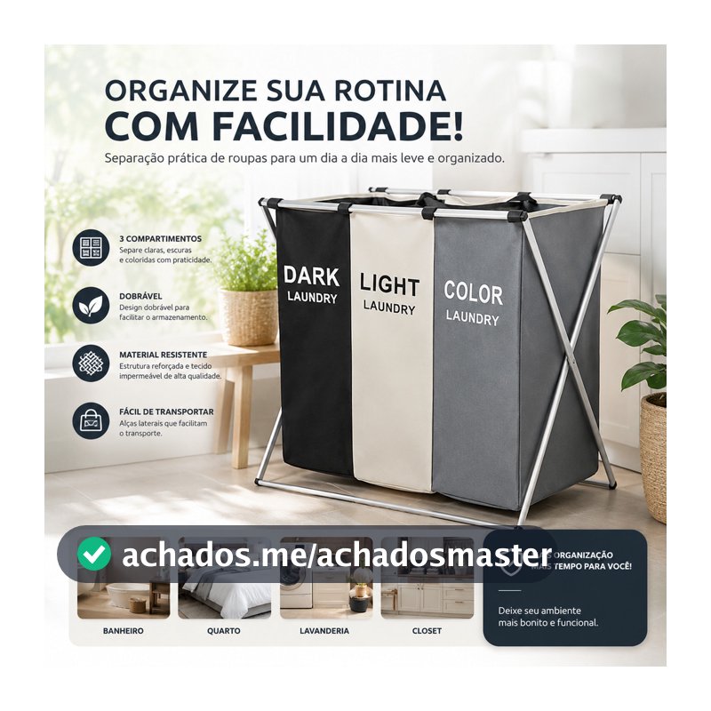 Cesto Roupa Suja cesto de roupa suja moderno Dobravel 3 Compartimentos Organizador Grande