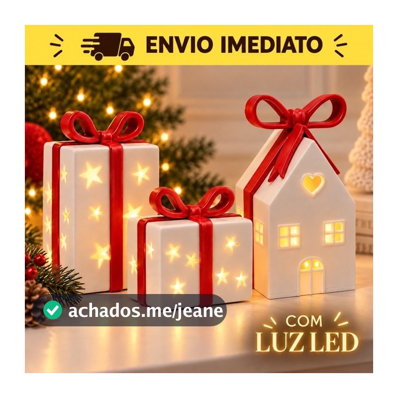 Kit Decoração de Natal Iluminada com LED Caixas de Presente e Casinha com Laço Natalino para Mesa e Enfeite de Natal