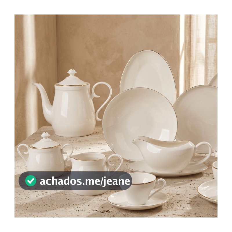 Aparelho De Jantar e Chá Completo Porcelana Fine New Bone Lisse Filete Ouro Mesa Posta Luxo 49 Pecas