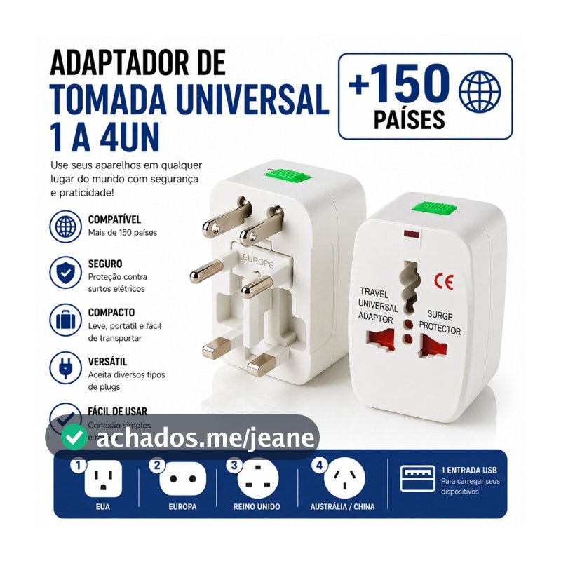 Adaptador Tomada 1 a 4un Universal Padrão Internacional e USB 150 Países Viagem Bivolt