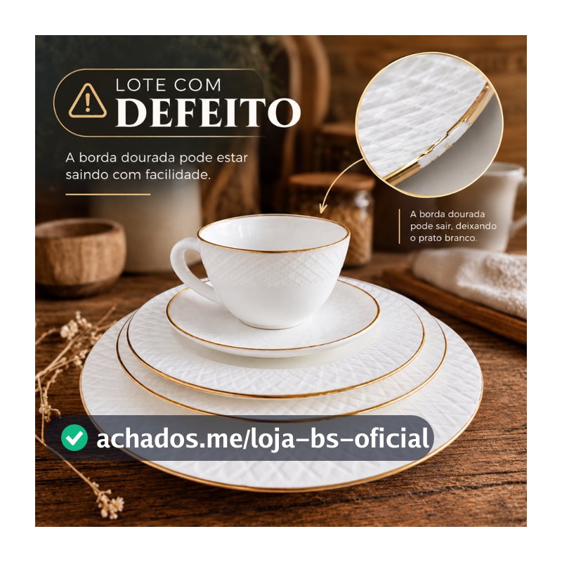 Aparelho de Jantar Pratos Canecas Opaline Texturizado Borda Dourada 20pcs - Divine