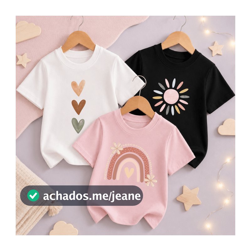 Kit 3 camisetas Infantil Delicadas Macias Algodão Promoção 2 ao 16 Branco/Preto/Rosa!