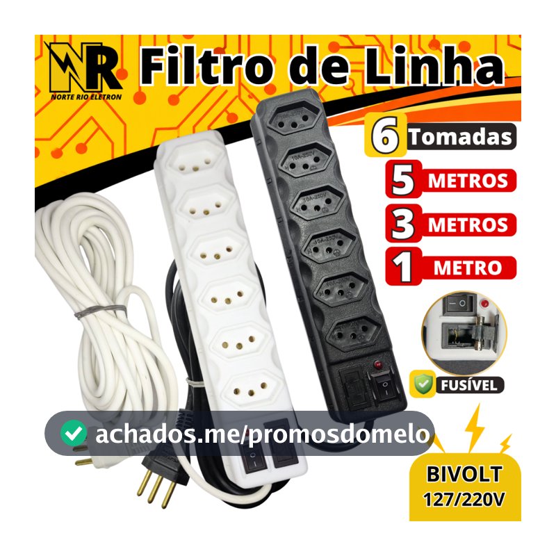 Régua de tomadas com 6 tomadas 0,90cm, 3 e 5 METROS filtro de linha PRETO E BRANCO bivolt proteção