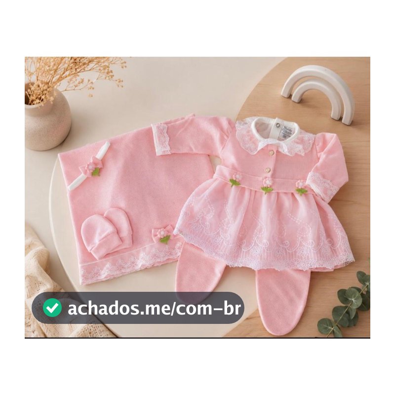 Kit Maternidade Feminino Luxo com Vestido Bordado, Manta e Faixa para Recém-Nascida