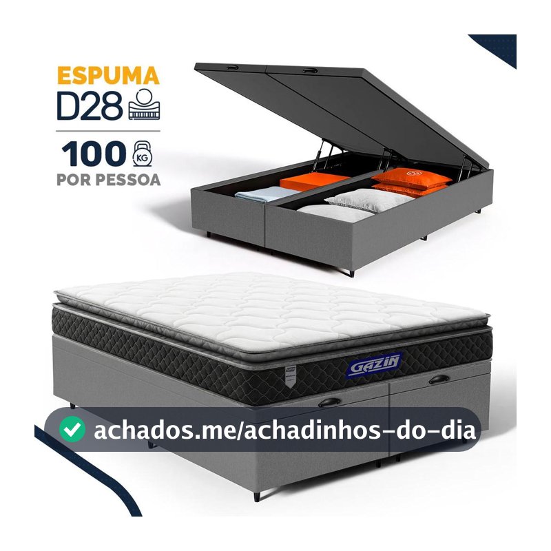Cama Box Baú com Colchão Gazin de Espuma D28 Pillow Top Ortoblack Queen 158cm