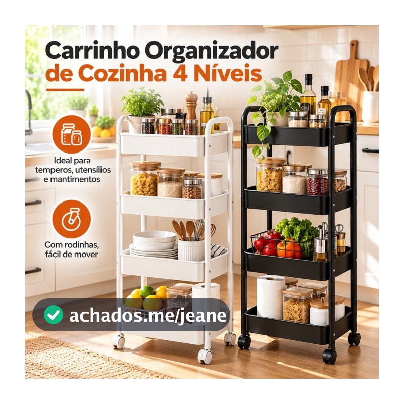 Carrinho Organizador de Cozinha 4 Andares com Rodinhas Multiuso Compacto para Temperos e Utensílios