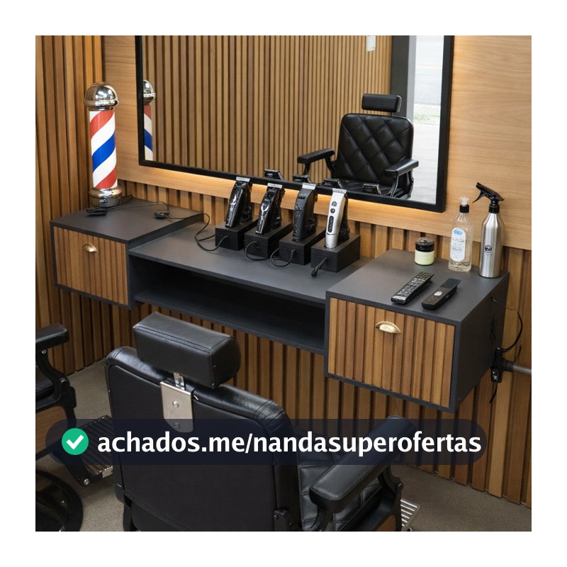 Bancada Barbearia com 2 Portas e Nicho Suspensa Para Corte de Cabelo e Barba 180CM Retrô Leão