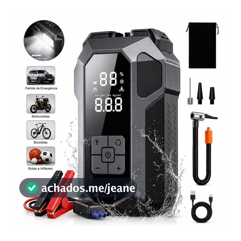 Auxiliar de Partida 12V Portátil com Power Bank 26800mAh, Compressor de Ar 150psi e Lanterna LED SOS