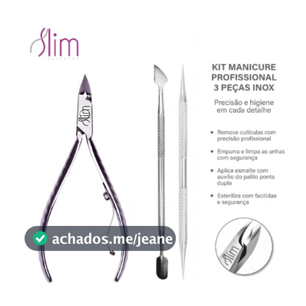 Kit 3 Peças Profissional Manicure Inox Alicate Cutícula Espátula 01 Palito Ponta Dupla 03 Esterilizável