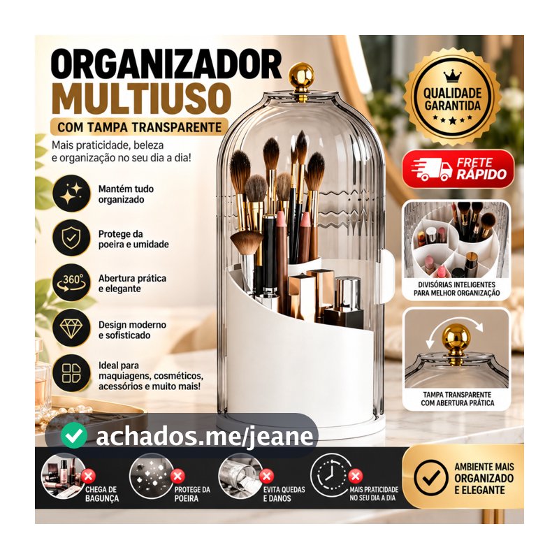 Organizador de Maquiagem Giratório 360° com Tampa Acrílica Porta Pincéis Batons e Cosméticos