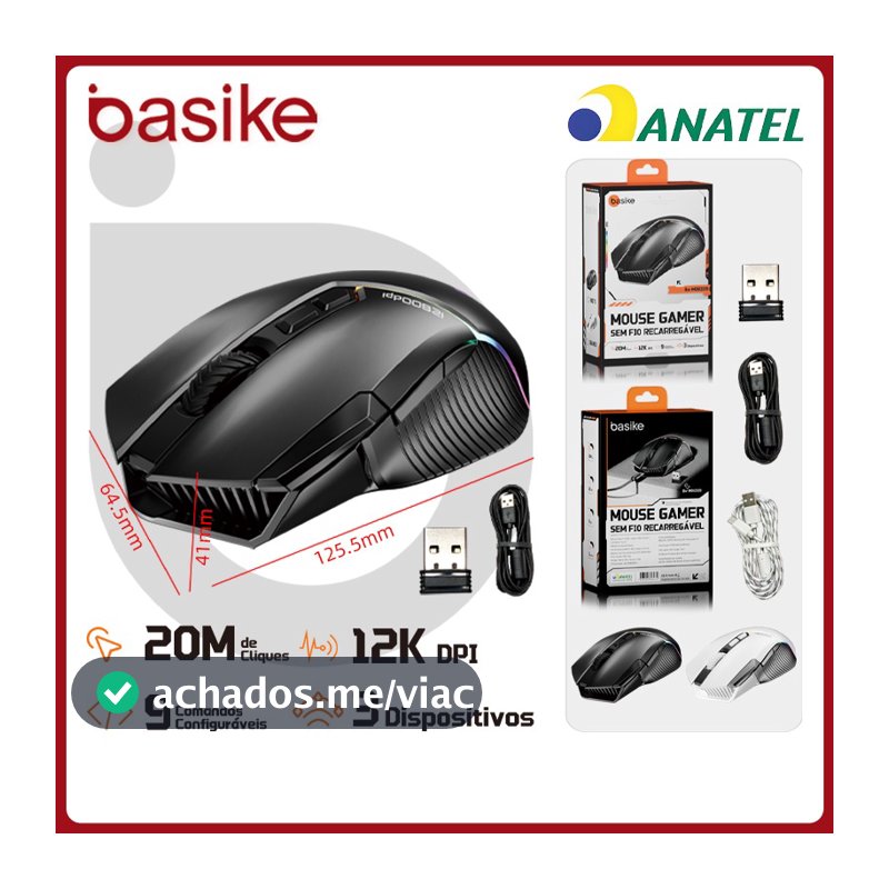 Basike Mouse Sem Fio BLuetooth 12000DPI Ajustável 3 Modos，Mouse Gamer Ergonômico RGB para Notebook，PC e Teclado，MOU339
