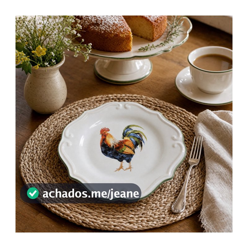 Jogo 6 Pratos de Sobremesa Cerâmica Farmhouse Rooster 22cm Scalla