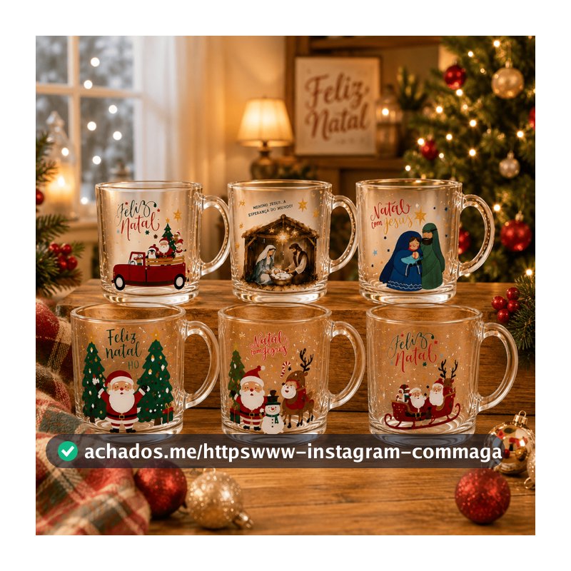 Kit Até 6 Canecas de Vidro Natal 320 ml Estampas Sortidas Festa