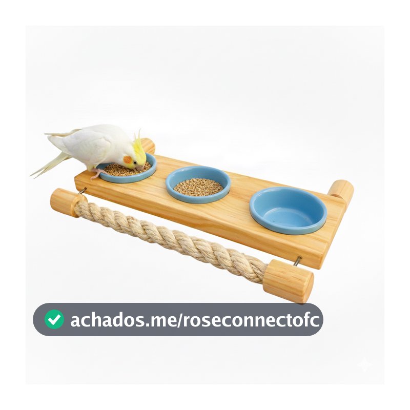 Comedouro Premium para Aves com Poleiro de Sisal, Potes de Porcelana e Suporte em Inox