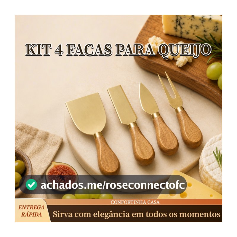 Kit 4 Facas Para Queijo Douradas Cabo Madeira Tábua Frios Aperitivos