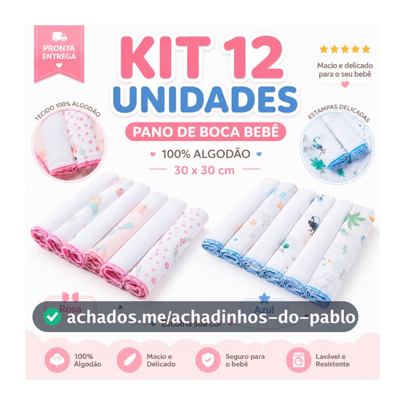 12 Unidades Pano de Boca Bebe Fralda de Boca Babete 100% Algodão 30cm x 30cm