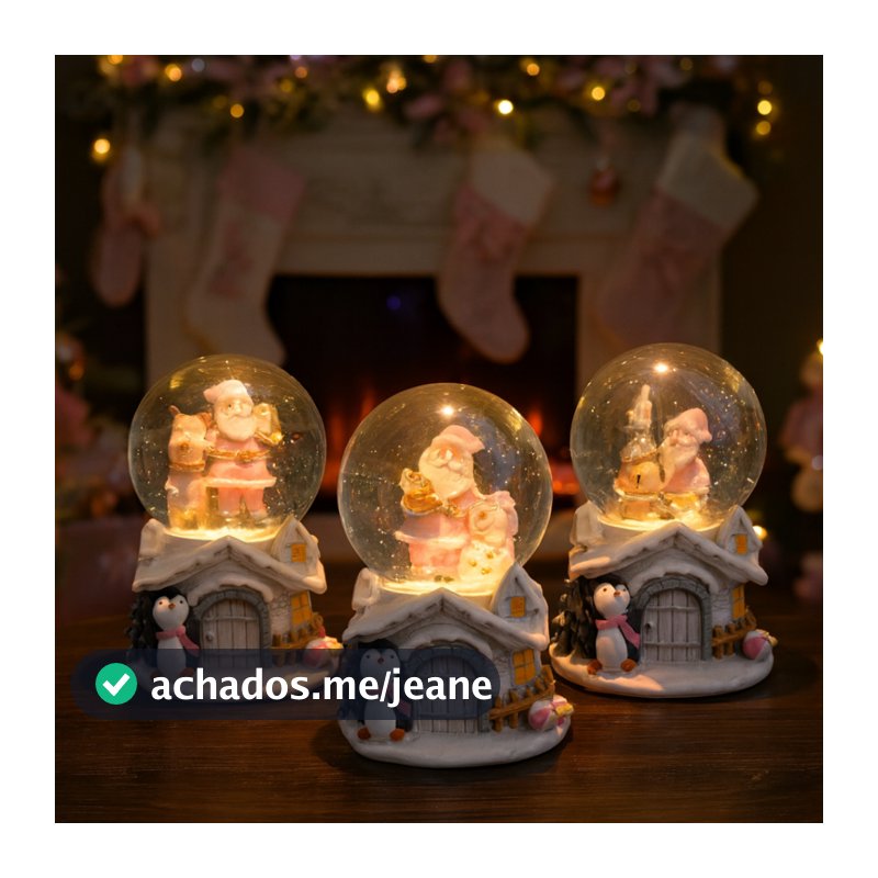 Enfeite de Natal Globo de Neve com Luz Bola Decorada Com Papai Noel Rosa 12,5x8,5cm