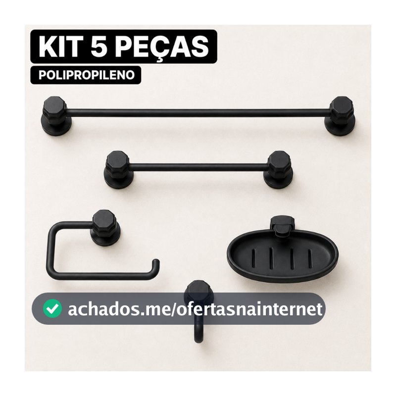 Kit Acessórios para Banheiro 5 Peças Completo Toalheiros Porta Papel Saboneteira Cabide Preto Fosco