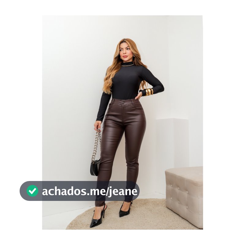 Calça Feminina Resinada Cintura Alta Skinny Modeladora Couro Sintético Casual Inverno 3RD SD1426