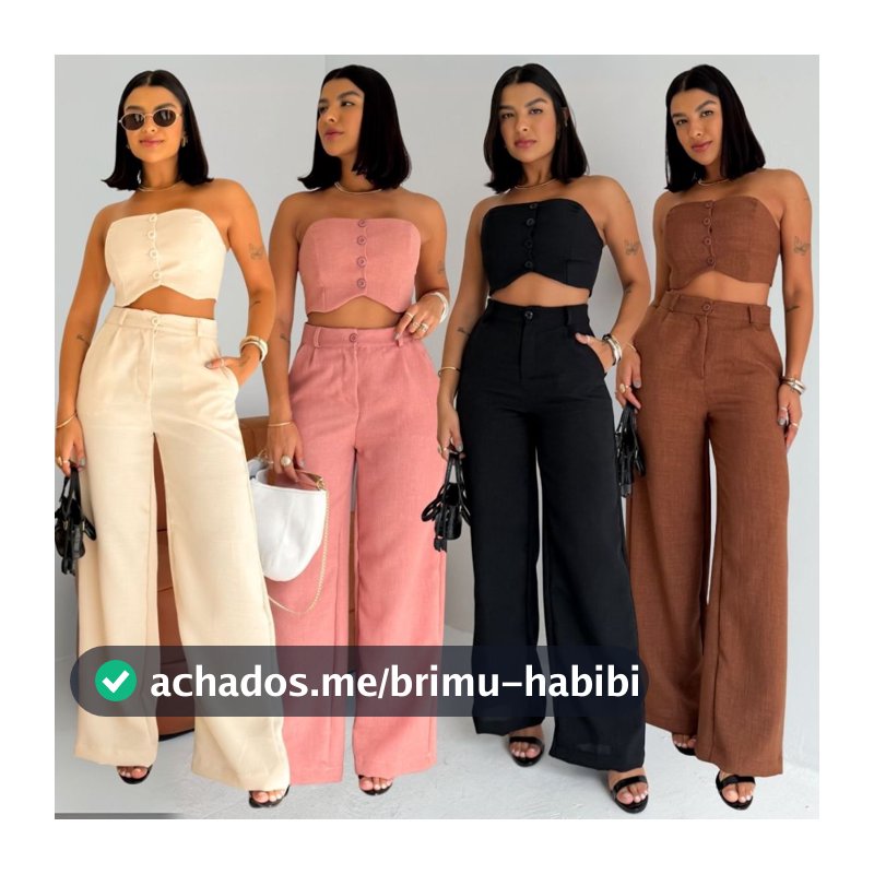 Conjunto Feminino Top e Calça em Linhão Candy Colors Top Tomara Que Caia Com Botões