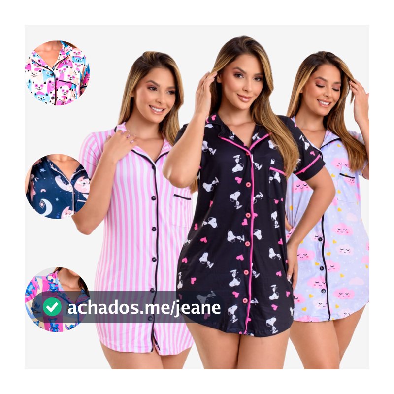 Pijama Chemise Camisola Americano Curto Pós Cirúrgico Stitch Várias Estampas
