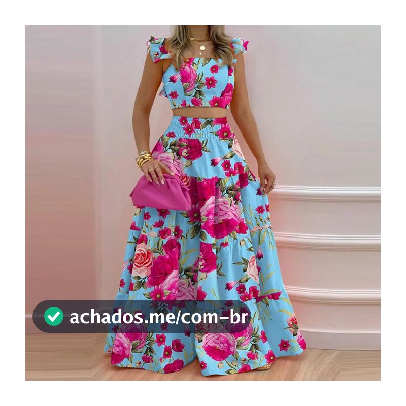Conjunto feminino  Sem Mangas Ruffled Cropped Boho Floral Estampa Color lisa Elastic Cintura Saia Longa Moda Duas Peças