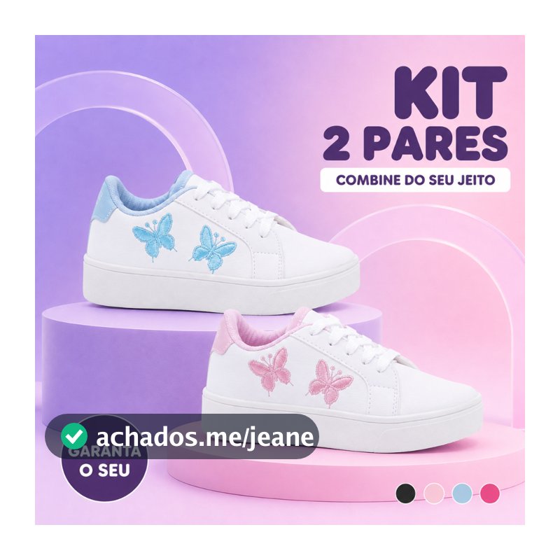 Kit 2 Pares Tênis Infantil Feminino Borboleta Bordada para Escola e Passeio Estilo Moderno