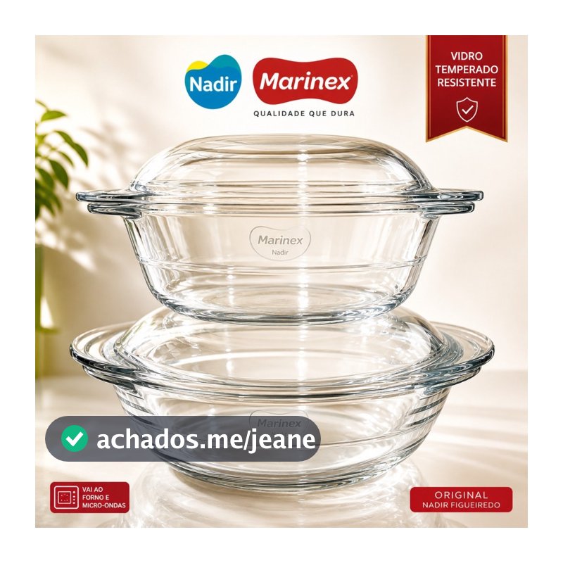 Kit 2 Travessas Marinex Vidro Temperado com Tampa Assadeira Refratário Redonda Forno 2,3L e 2,8L