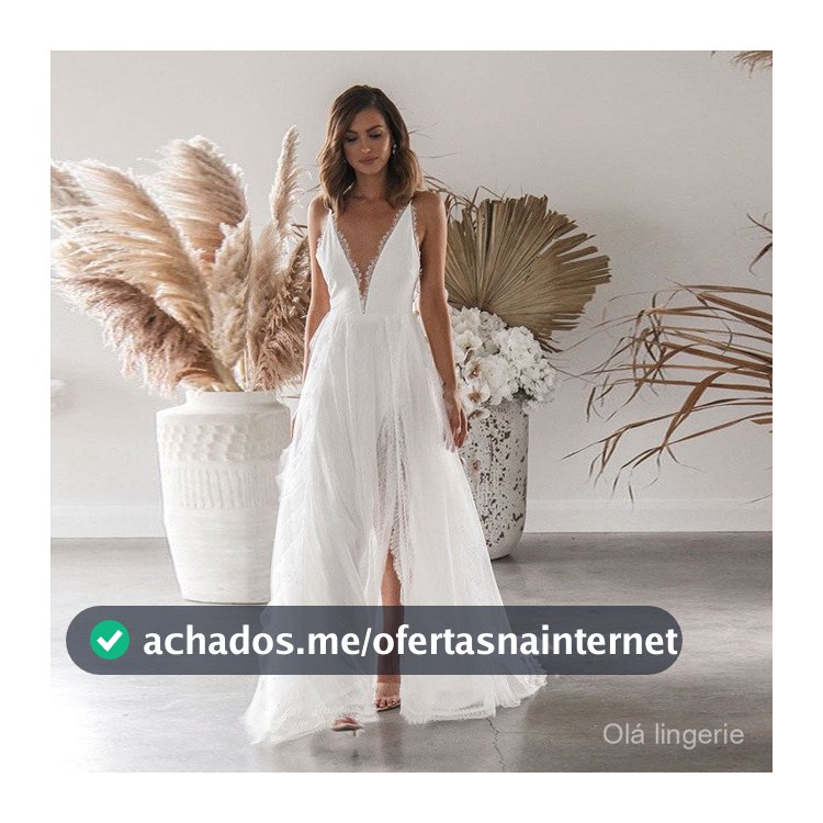 Vestido Casamento Civil Feminino Branco Elegante Sexy Estilingue com Decote em V Vestido Dividido