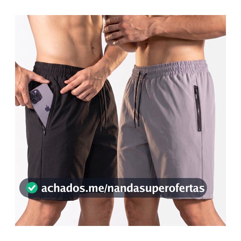 Kit Com 2 Bermudas Tactel Elastano Masculina Bolso Com Zíper Academia, Treino e Praia