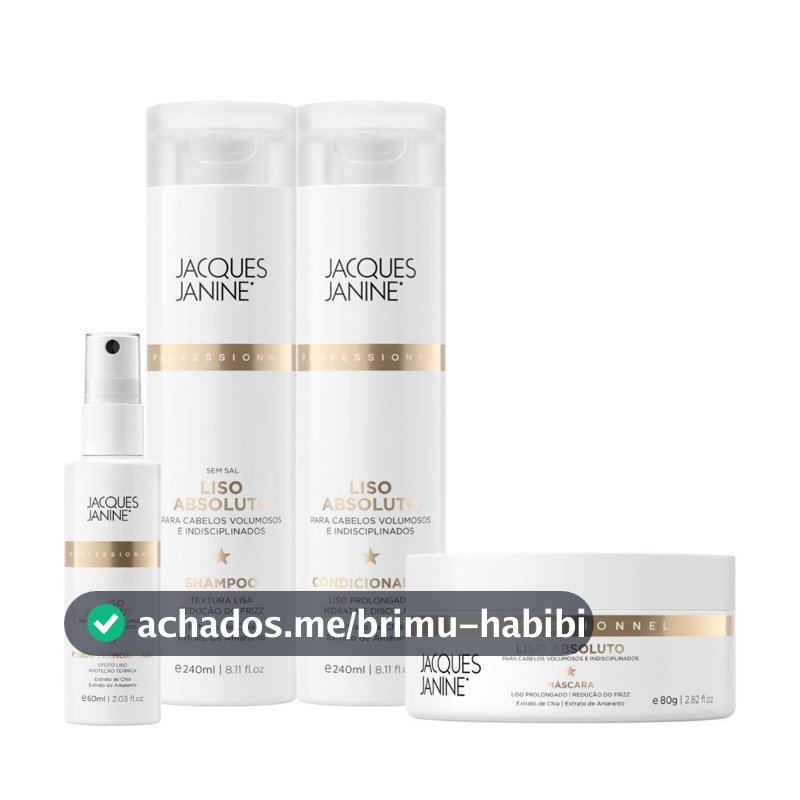 Kit Jacques Janine Liso Absoluto Shampoo Condicionador 240ml Máscara 80g Spray Finalizador 60ml