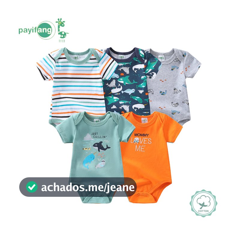 Kit 5 Pecas Body Bebe Manga Curta Algodao Suedine Meninos e meninas Verao 100% Algodão-estampa de baleia