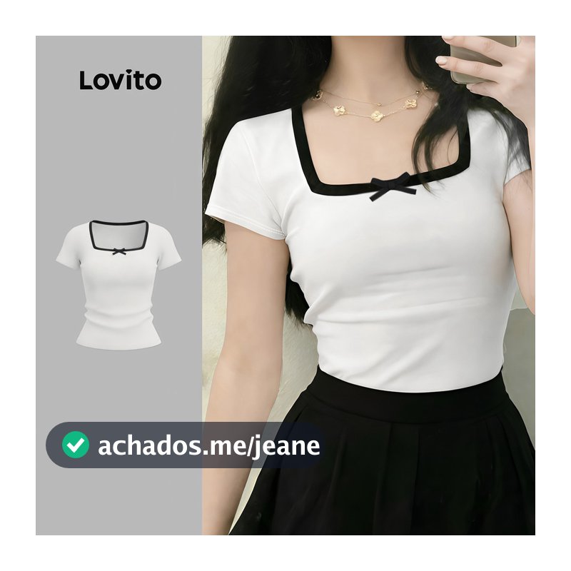 Lovito Manga Curta Camiseta Casual Colorblock Arco Primavera/verão Camiseta Branca para mulheres LK4ED2364