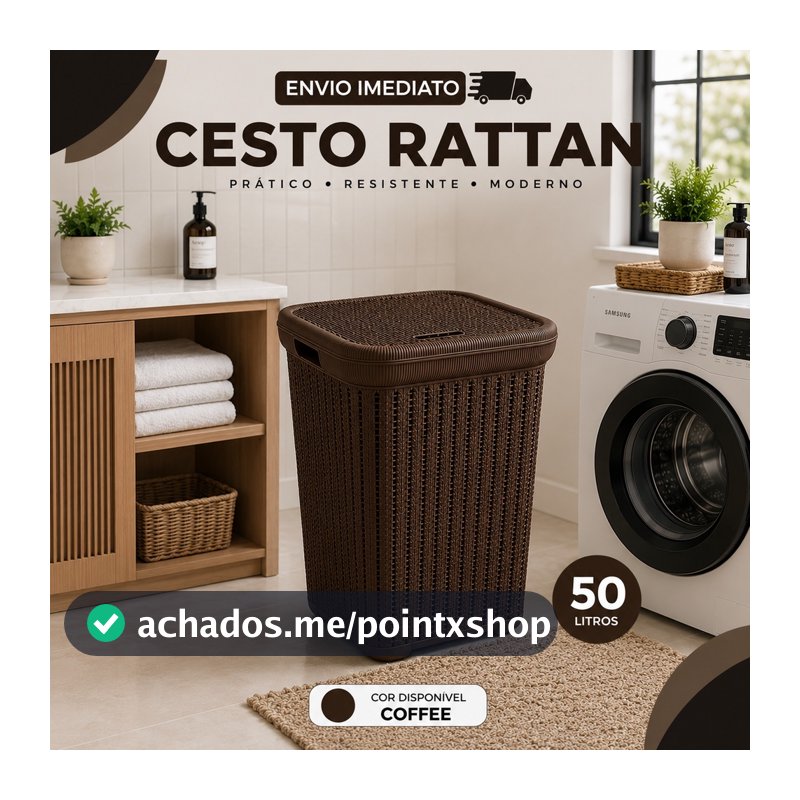 Cesto Rattan 50 Litros Coffee com Tampa Organizador Multiuso Resistente