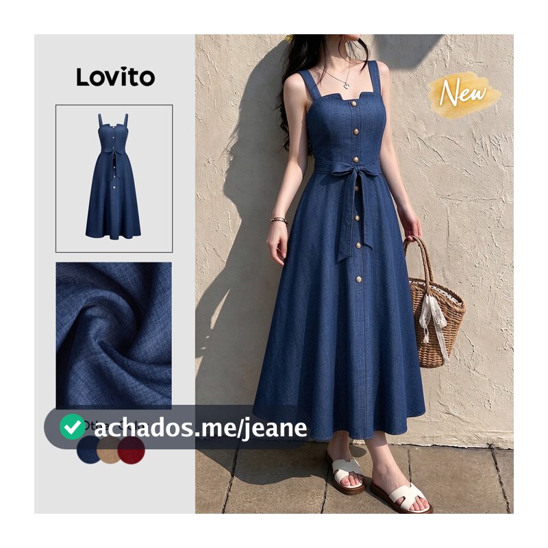 (New Arrival) Lovito Vestido Feminino Elegante Liso Azul Escuro Longo De Corte Evasê Com Botões E Zíper Para a Primavera E O Verão Para Trabalho DRK11P1D638